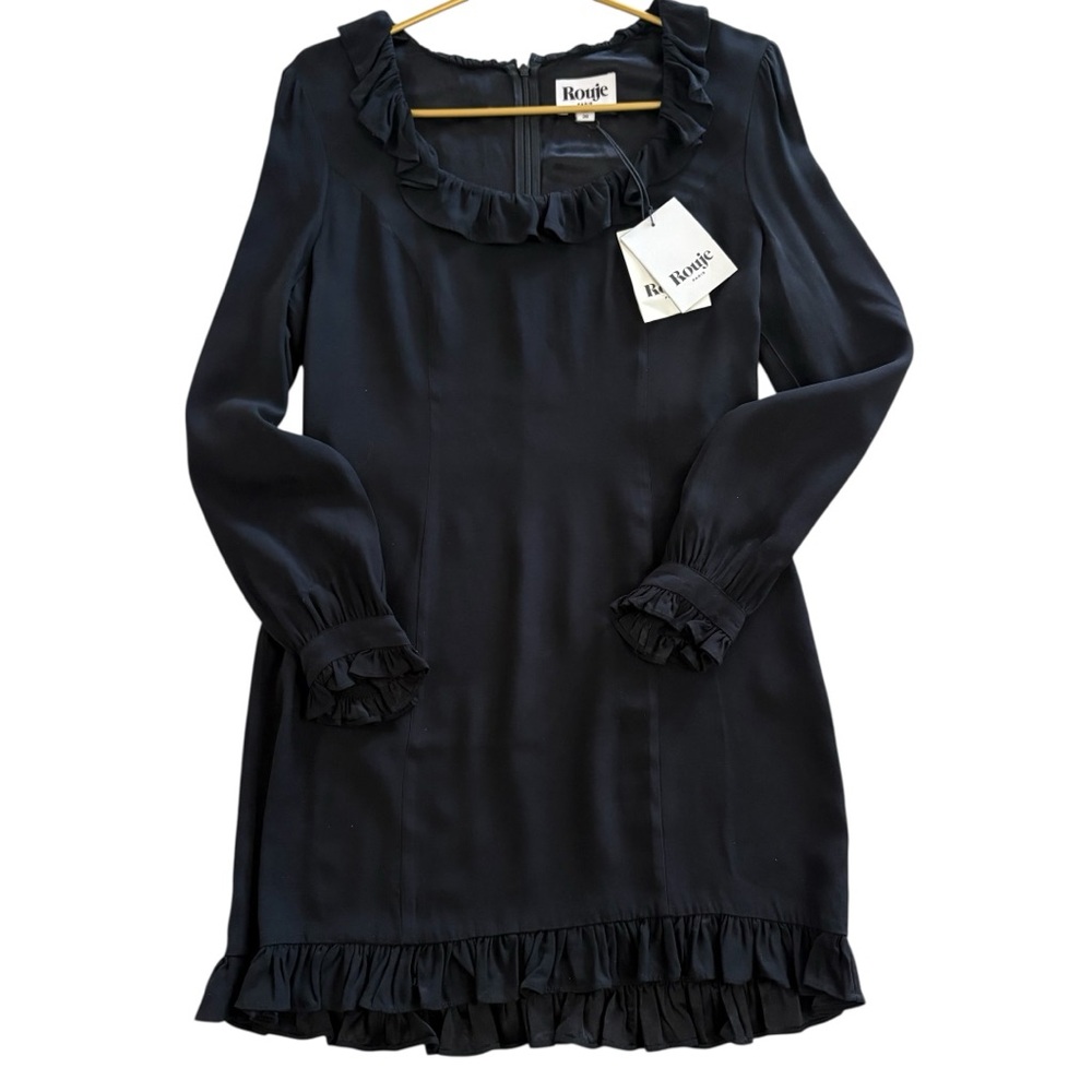 Rouje Paris Gaspard Black Mini Dress Ruffle Trim Long Sleeve NWT